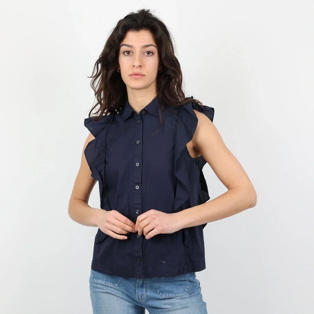 Pearl Navy Ruffle Sleeveless Button-Front Blouse - Picture 14 of 14